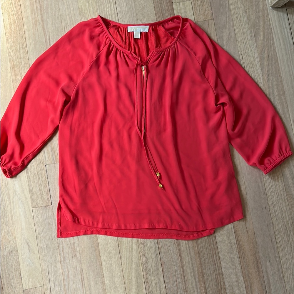 Michael Kors Red 3/4 Sleeve Tie Front Blouse